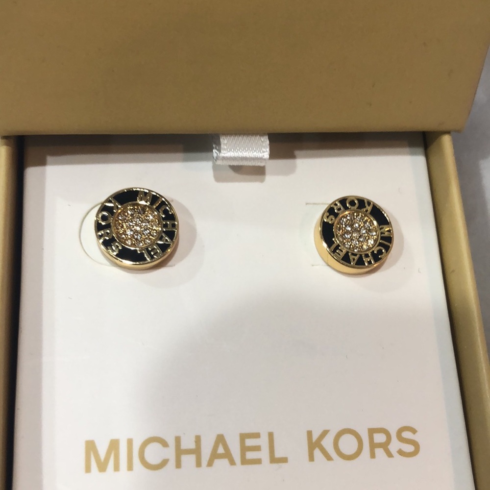 Michael Michael Kors gold black pave center monogram round stud earrings new